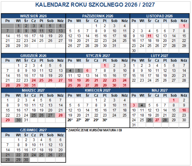 ROK SZKOLNY 2026/2027 ANGIELSKI PROŚCIEJ PABIANICE HARMONOGRAM KURSÓW ANGIELSKIEGO MATURA E8